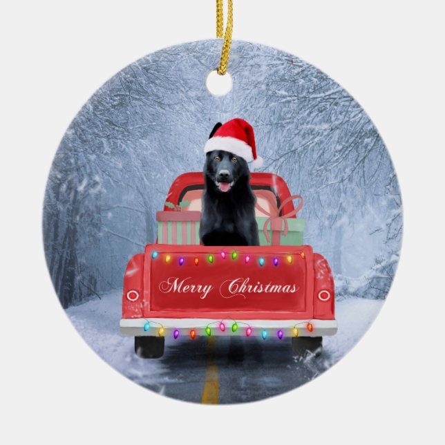 German Shepherd Dog in Snow sitting in Christmas  Ceramic Tree Decoration (Front)