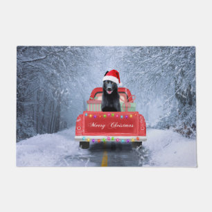 German Shepherd Dog in Snow sitting in Christmas  Doormat