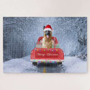 German Shepherd Dog in Snow sitting in Christmas  Jigsaw Puzzle
