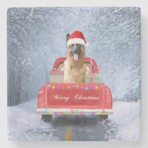 German Shepherd Dog in Snow sitting in Christmas Stone Coaster