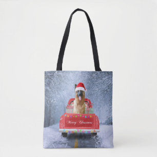 German Shepherd Dog in Snow sitting in Christmas  Tote Bag