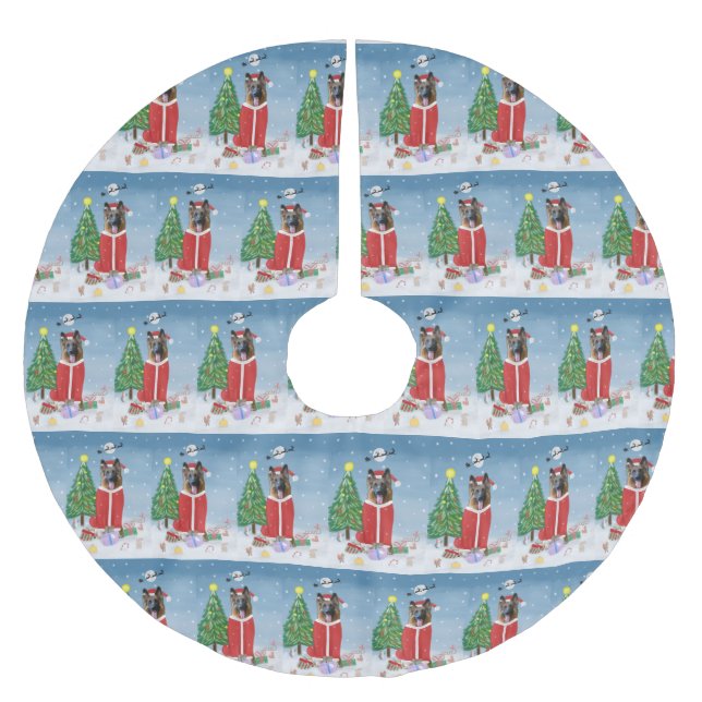 German Shepherd Dog in Snow with Christmas Gifts  Brushed Polyester Tree Skirt (Front)