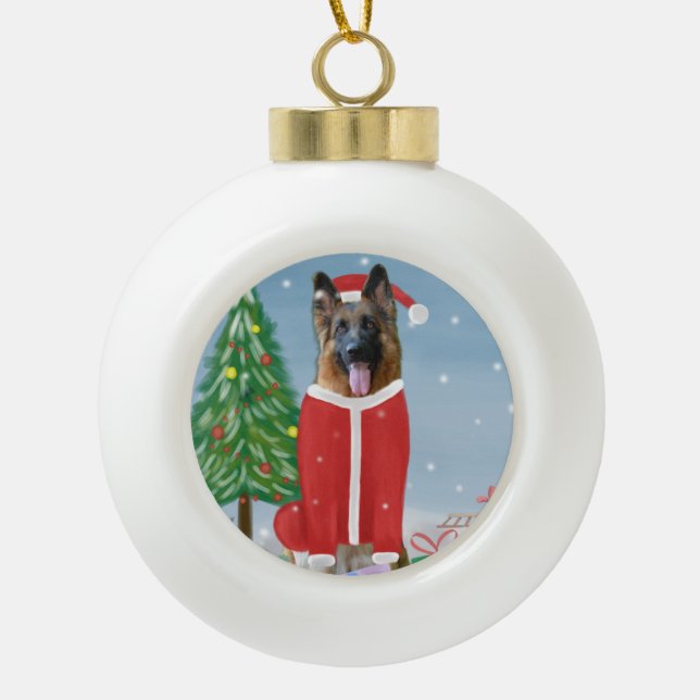 German Shepherd Dog in Snow with Christmas Gifts   Ceramic Ball Christmas Ornament (Front)
