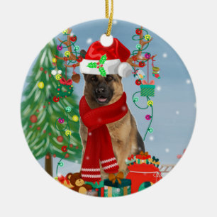 German Shepherd Dog in Snow with Christmas Gifts  Ceramic Tree Decoration