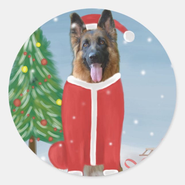 German Shepherd Dog in Snow with Christmas Gifts  Classic Round Sticker (Front)