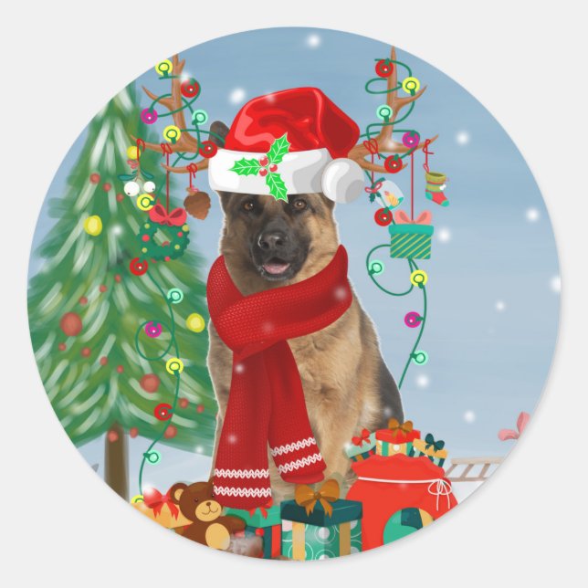 German Shepherd Dog in Snow with Christmas Gifts  Classic Round Sticker (Front)