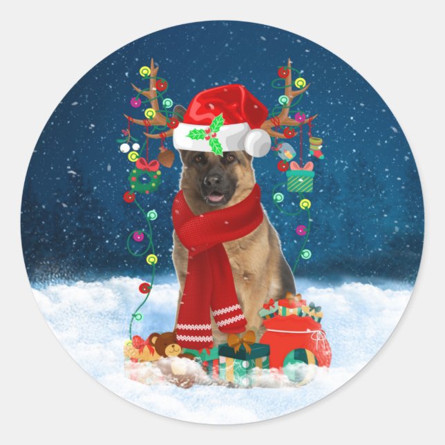 German Shepherd Dog in Snow with Christmas Gifts Classic Round Sticker (Front)