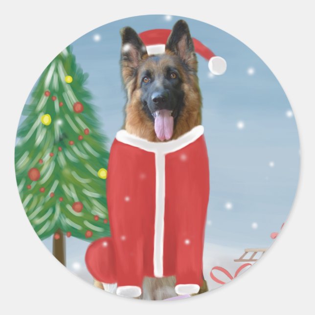 German Shepherd Dog in Snow with Christmas Gifts   Classic Round Sticker (Front)