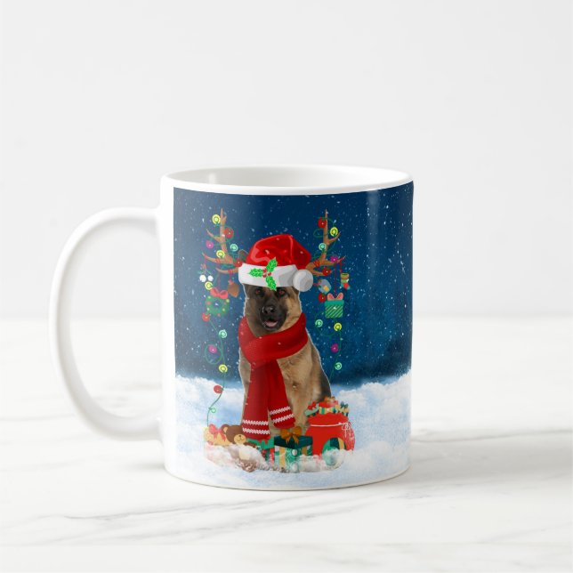 German Shepherd Dog in Snow with Christmas Gifts  Coffee Mug (Left)
