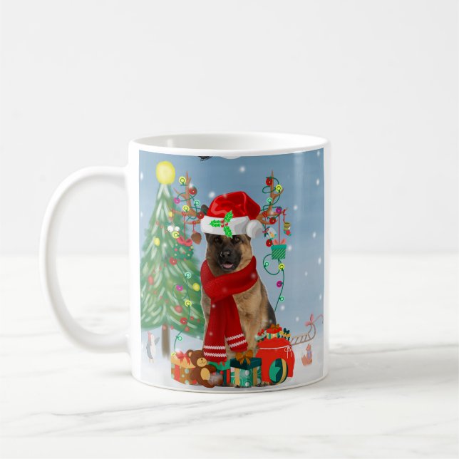 German Shepherd Dog in Snow with Christmas Gifts  Coffee Mug (Left)