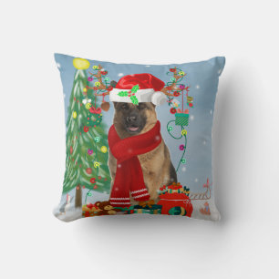 German Shepherd Dog in Snow with Christmas Gifts Cushion