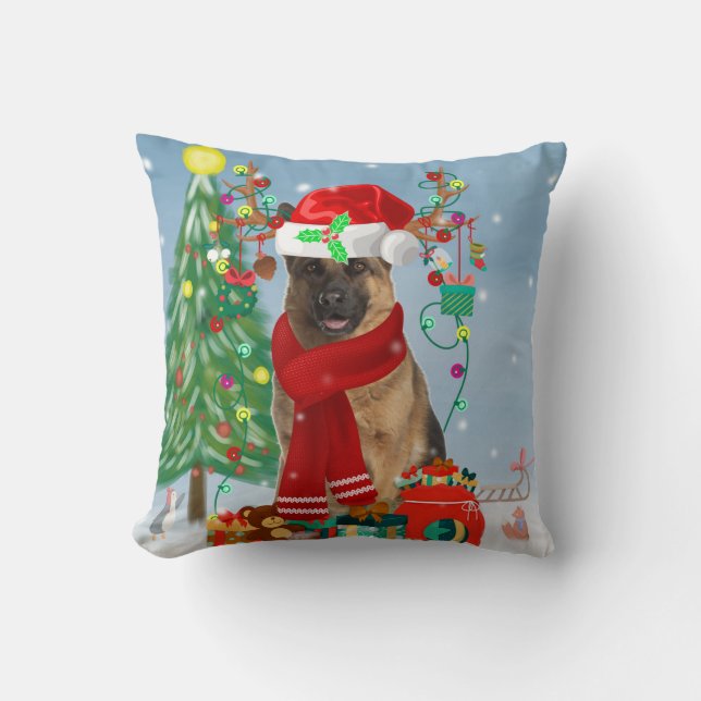 German Shepherd Dog in Snow with Christmas Gifts Cushion (Front)