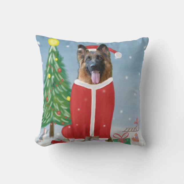 German Shepherd Dog in Snow with Christmas Gifts  Cushion (Front)
