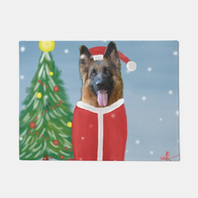 German Shepherd Dog in Snow with Christmas Gifts   Doormat (Front)
