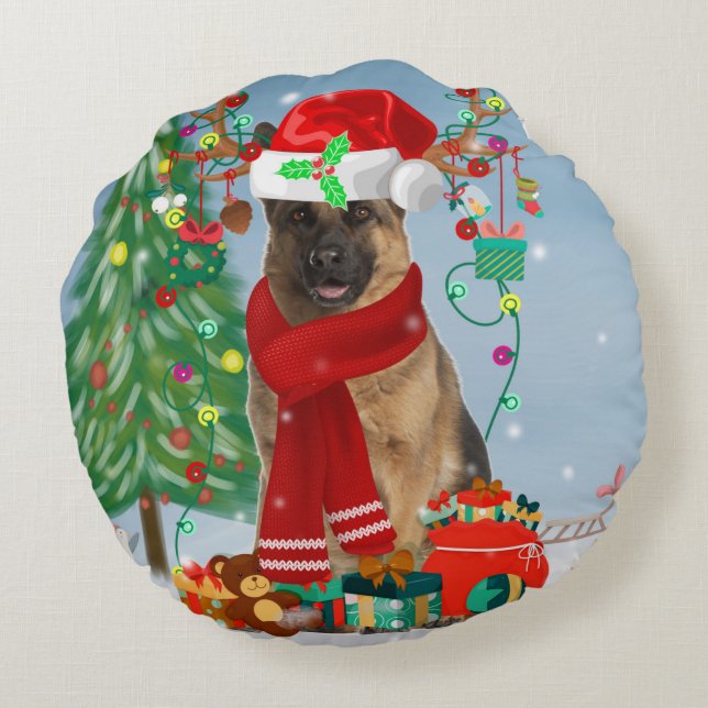 German Shepherd Dog in Snow with Christmas Gifts   Round Cushion (Back)