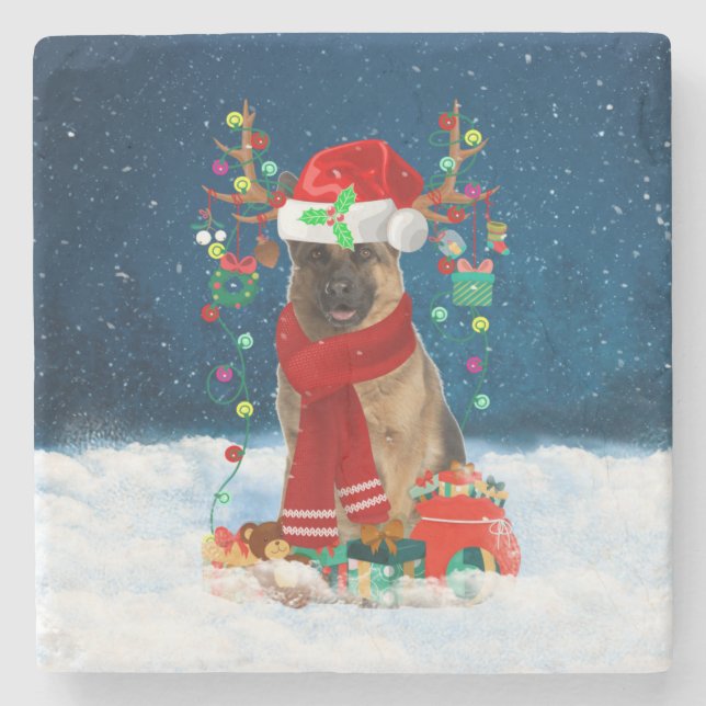 German Shepherd Dog in Snow with Christmas Gifts  Stone Coaster (Front)