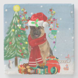 German Shepherd Dog in Snow with Christmas Gifts  Stone Coaster