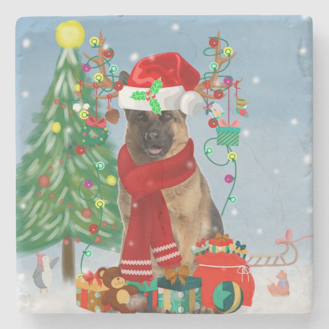 German Shepherd Dog in Snow with Christmas Gifts  Stone Coaster (Front)