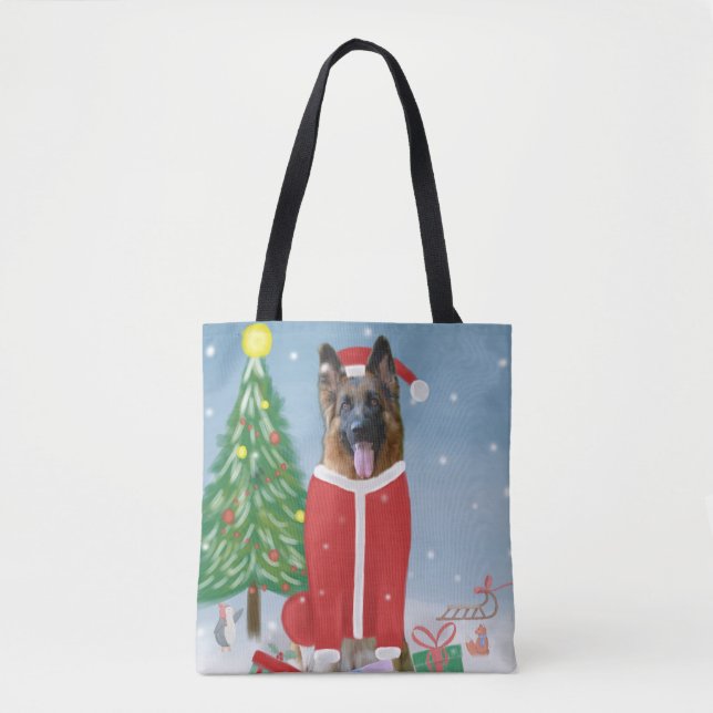 German Shepherd Dog in Snow with Christmas Gifts  Tote Bag (Front)