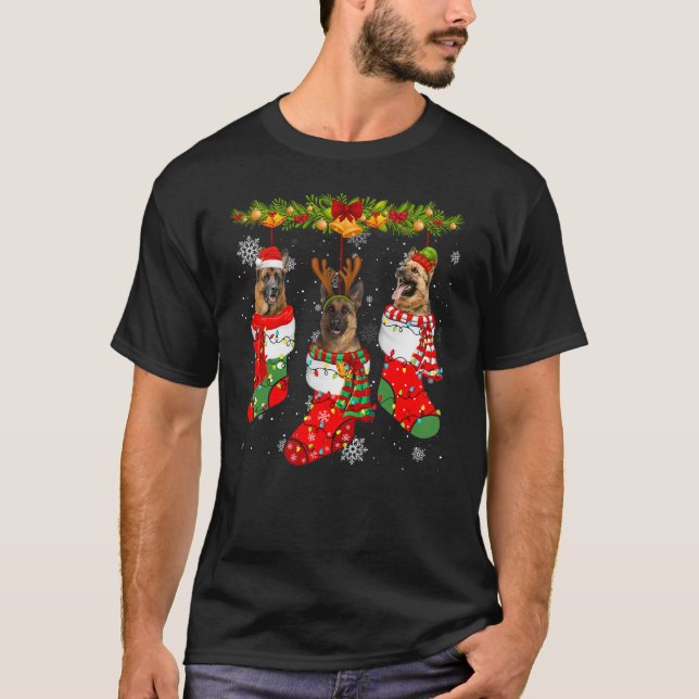 German Shepherd Dog In Socks Christmas Lights Swea T-Shirt (Front)
