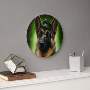German Shepherd Dog in St. Patrick's Day Dress  Th Large Clock
