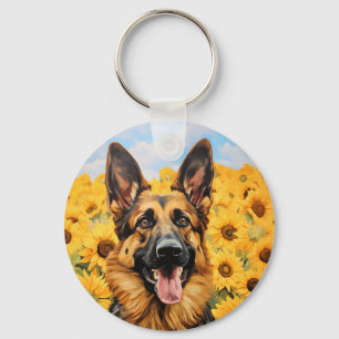 German Shepherd dog in sunflowers Key Ring