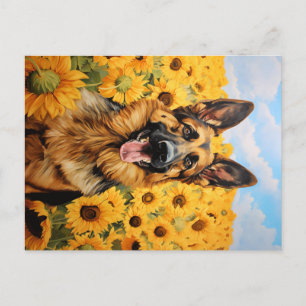 German Shepherd dog in sunflowers Postcard