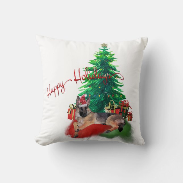 German Shepherd Dog Laying by Christmas Tree Cushion (Front)