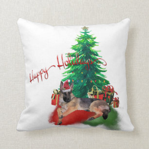 German Shepherd Dog Laying by Christmas Tree Cushion