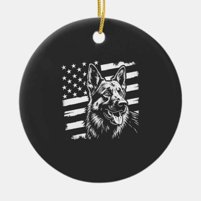 German Shepherd Dog Lover USA American Flag Ceramic Tree Decoration (Front)