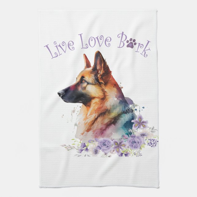 German Shepherd Dog Mum Floral Tea Towel (Vertical)
