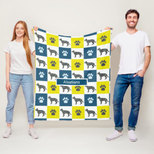 German Shepherd Dog & Paw Print Yellow Grid Fleece Blanket