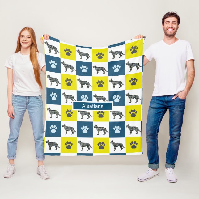 German Shepherd Dog & Paw Print Yellow Grid Fleece Blanket (In Situ)