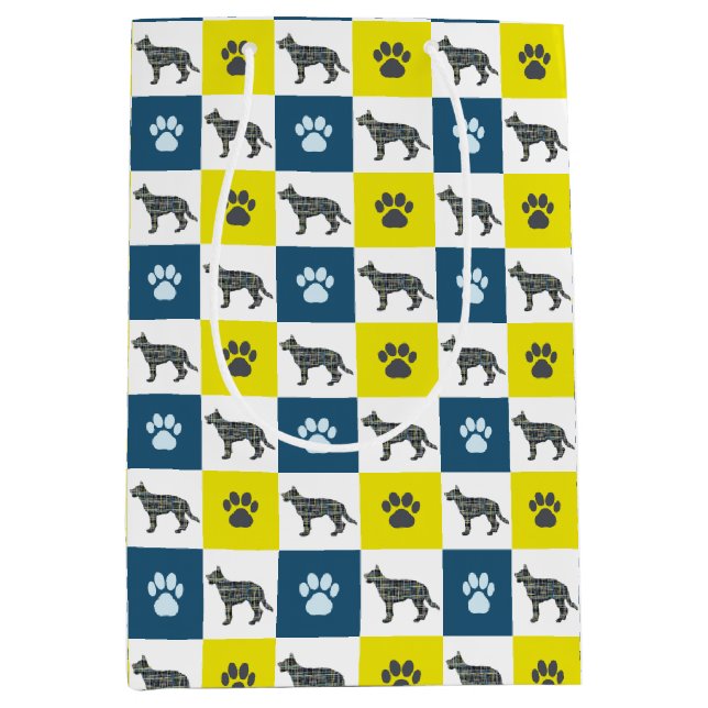 German Shepherd Dog & Paw Yellow & blue Grid Lines Medium Gift Bag (Front)