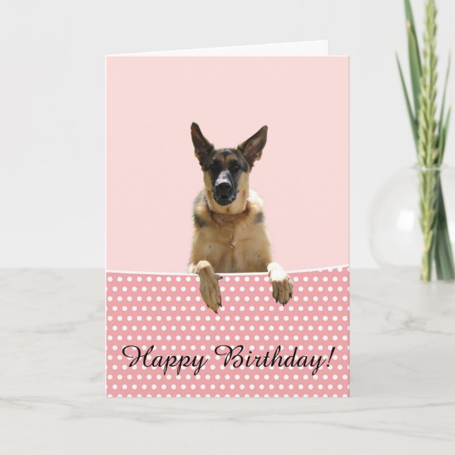 German Shepherd Dog Pink Polka Dots Birthday Card (Front)