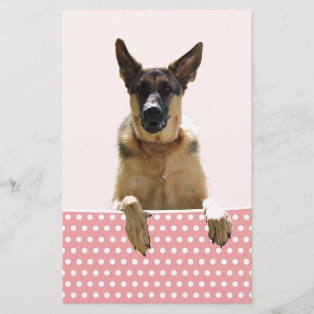 German Shepherd Dog Pink Polka Dots Stationery (Front)