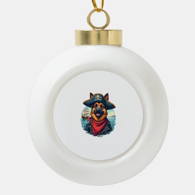 German Shepherd Dog Pirate  Ceramic Ball Christmas Ornament (Front)