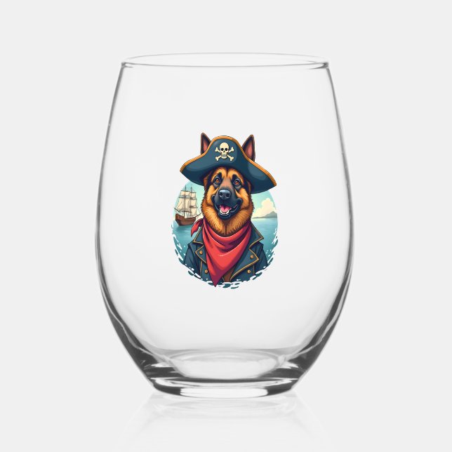 German Shepherd Dog Pirate Copy Stemless Wine Glass (Front)