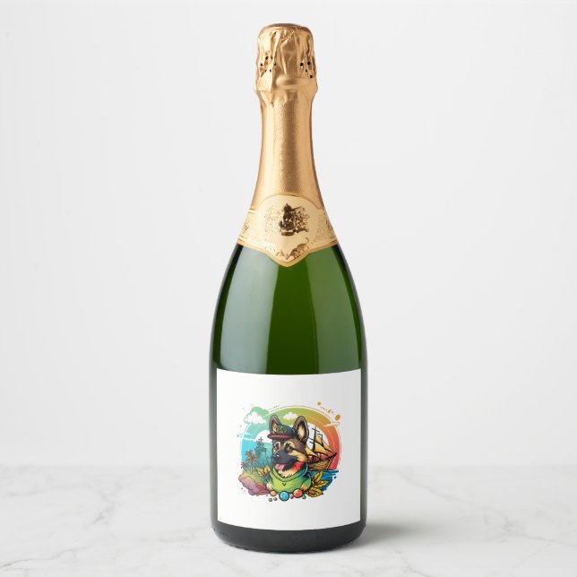German Shepherd Dog Pirate  Sparkling Wine Label (Front)