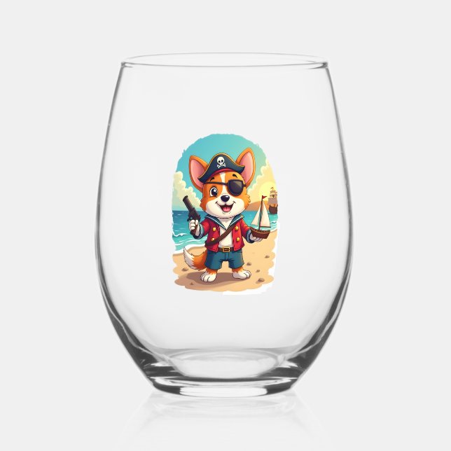 German Shepherd Dog Pirate Stemless Wine Glass (Front)