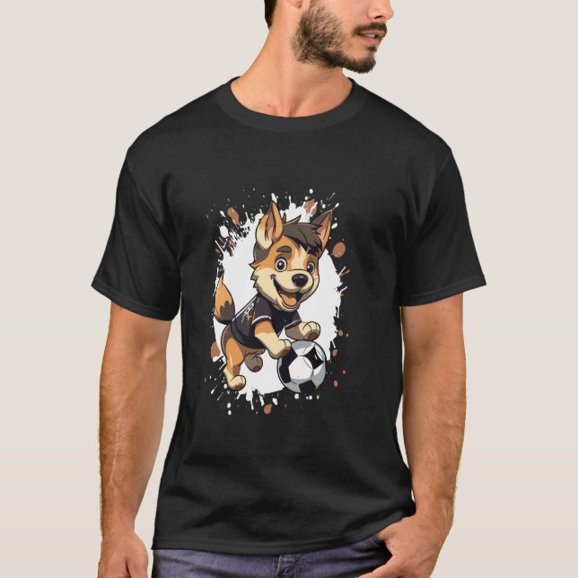 German Shepherd Dog Playing Soccer Comic T-Shirt (Front)