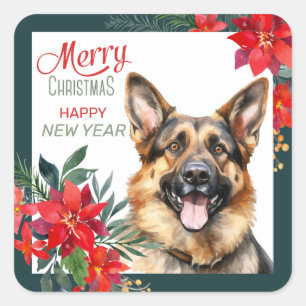 German Shepherd Dog Poinsettia Border Christmas Square Sticker