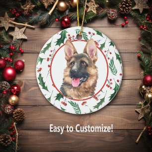 German Shepherd Dog Red Berry Holly Border Ceramic Ceramic Tree Decoration