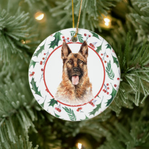 German Shepherd Dog Red Berry Holly Border Ceramic Tree Decoration
