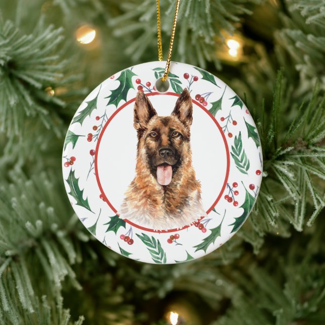 German Shepherd Dog Red Berry Holly Border Ceramic Tree Decoration (Tree)