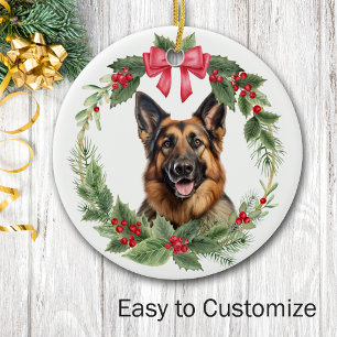 German Shepherd Dog Red Bow Holly Wreath Ceramic Tree Decoration