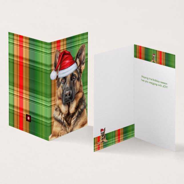 German Shepherd Dog Red Green Plaid Holiday Card (Inside and Outside)