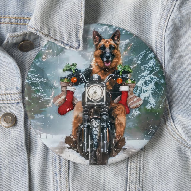 German Shepherd Dog Riding Motorcycle Christmas  6 Cm Round Badge (In Situ)