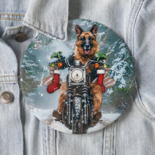 German Shepherd Dog Riding Motorcycle Christmas  6 Cm Round Badge