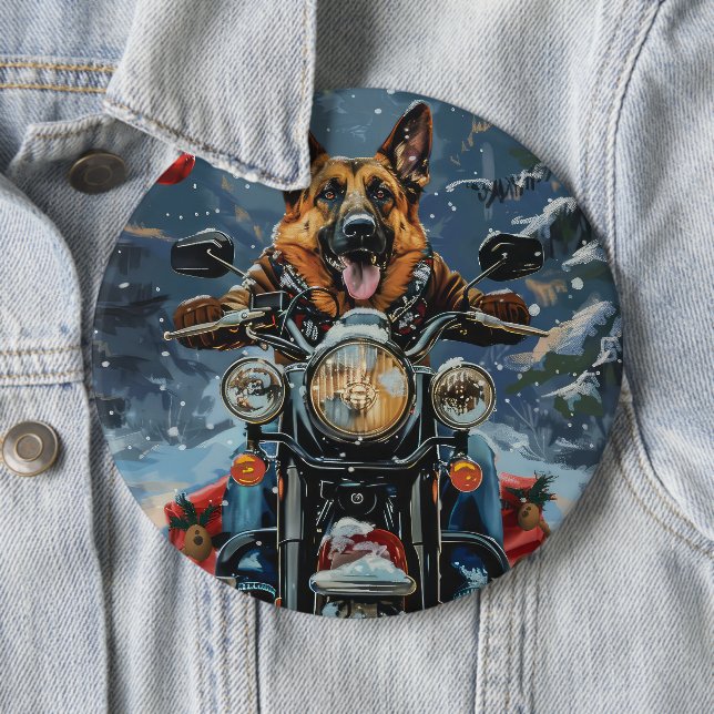 German Shepherd Dog Riding Motorcycle Christmas 6 Cm Round Badge (In Situ)